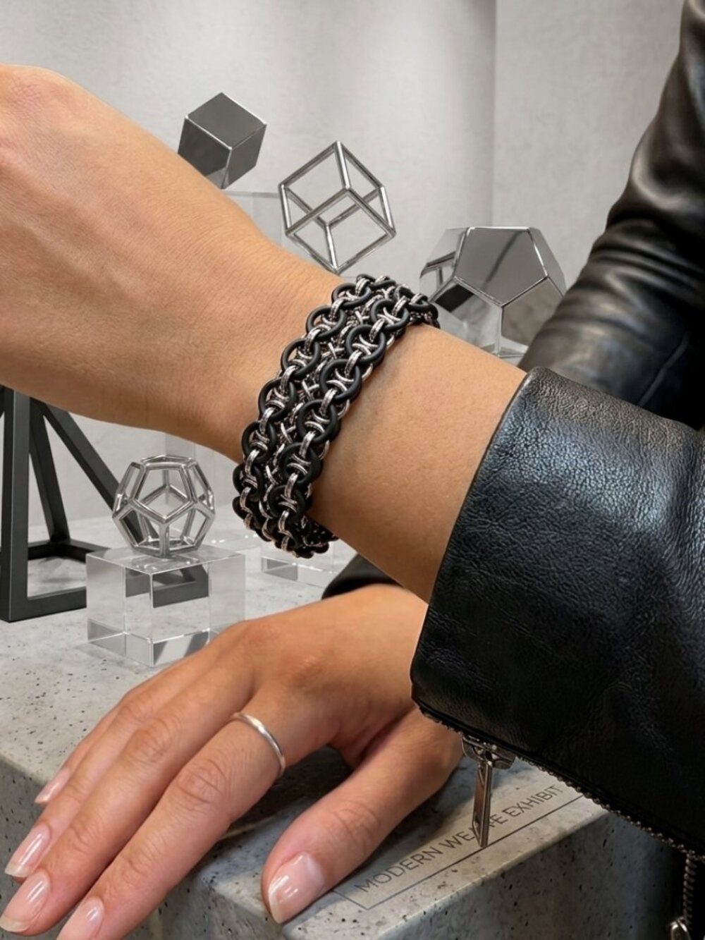Artisan Vipera Berus Stretch Cuff–Stainless Steel & Matte Rubber Handcrafted
